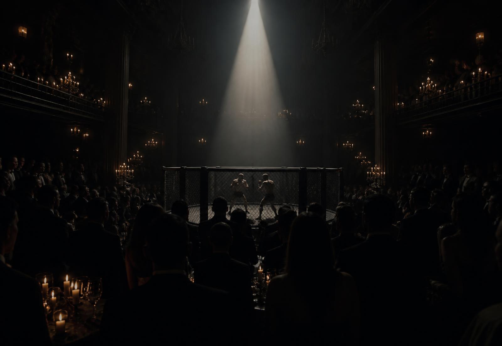 Guests in black tie surrounding a dimly lit cage